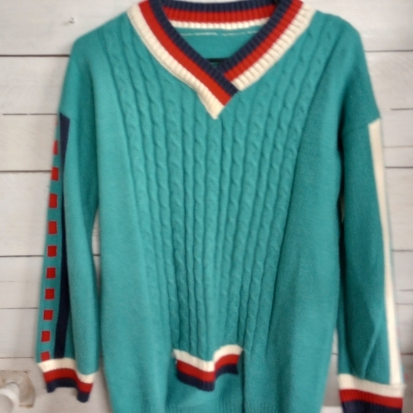 Stripe Sweater V Neck Women's Green Knit Long Sleeve Loose Casual Pullover Med - Picture 6 of 11